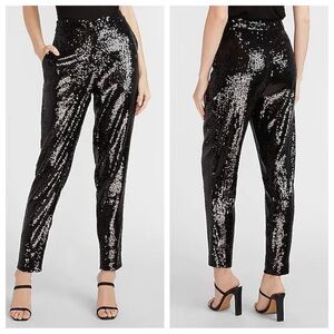 Express Women's High Rise Sequin Ankle Pant Trouser Black Pockets XS